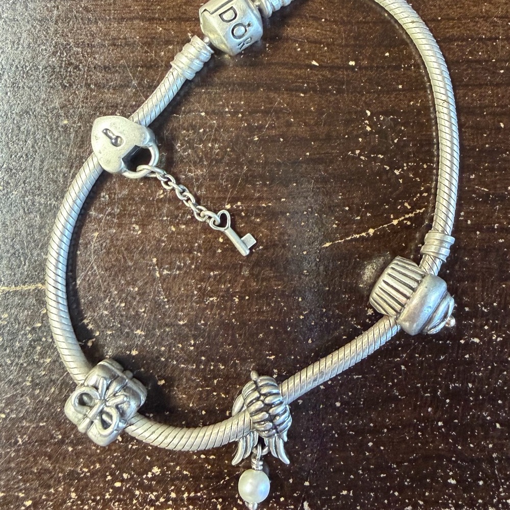 Pandora Silver Charm Bracelet with Pearl Dangle